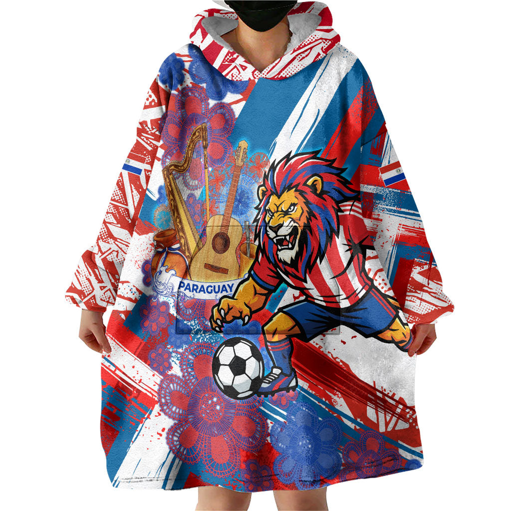 Personalized Paraguay Soccer Wearable Blanket Hoodie Lion Football Mascot - Guarani Folk Art - Traditional Harp And Guitar