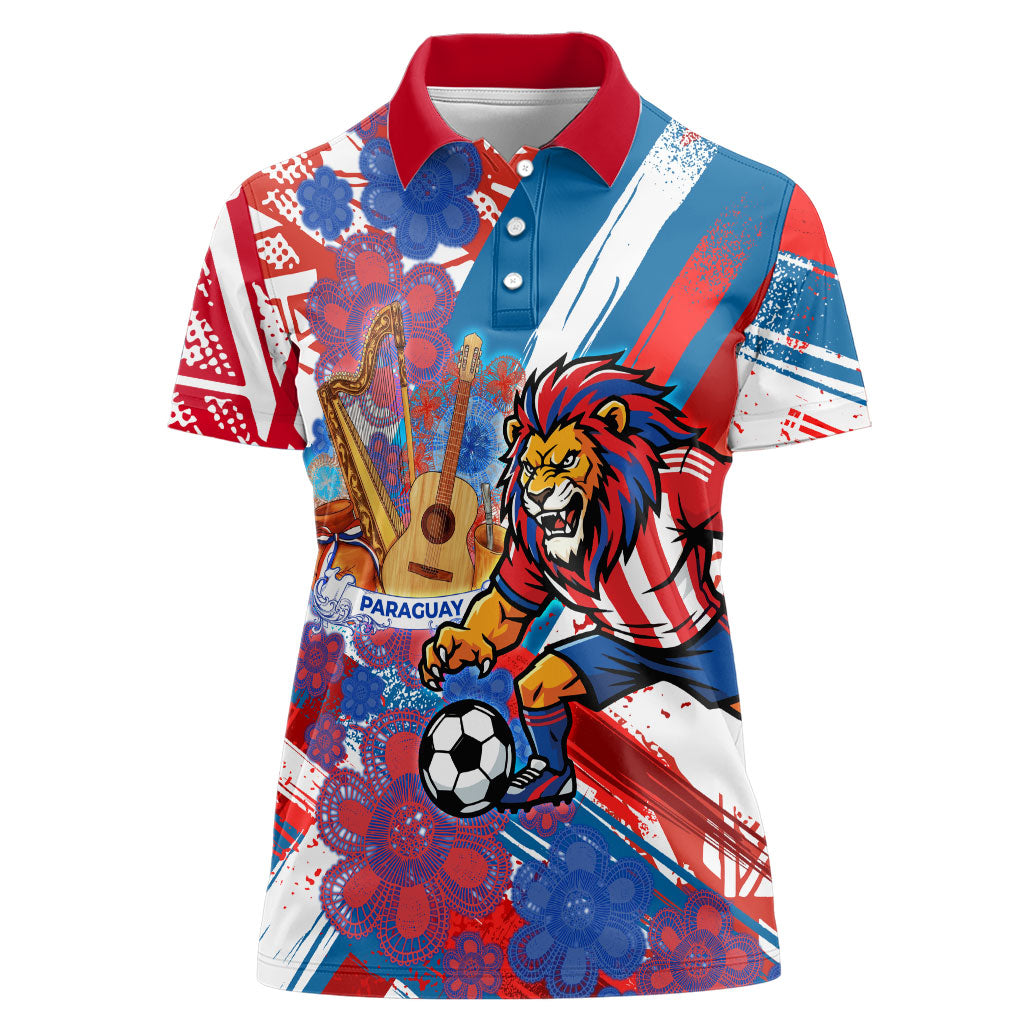Personalized Paraguay Soccer Women Polo Shirt Lion Football Mascot - Guarani Folk Art - Traditional Harp And Guitar