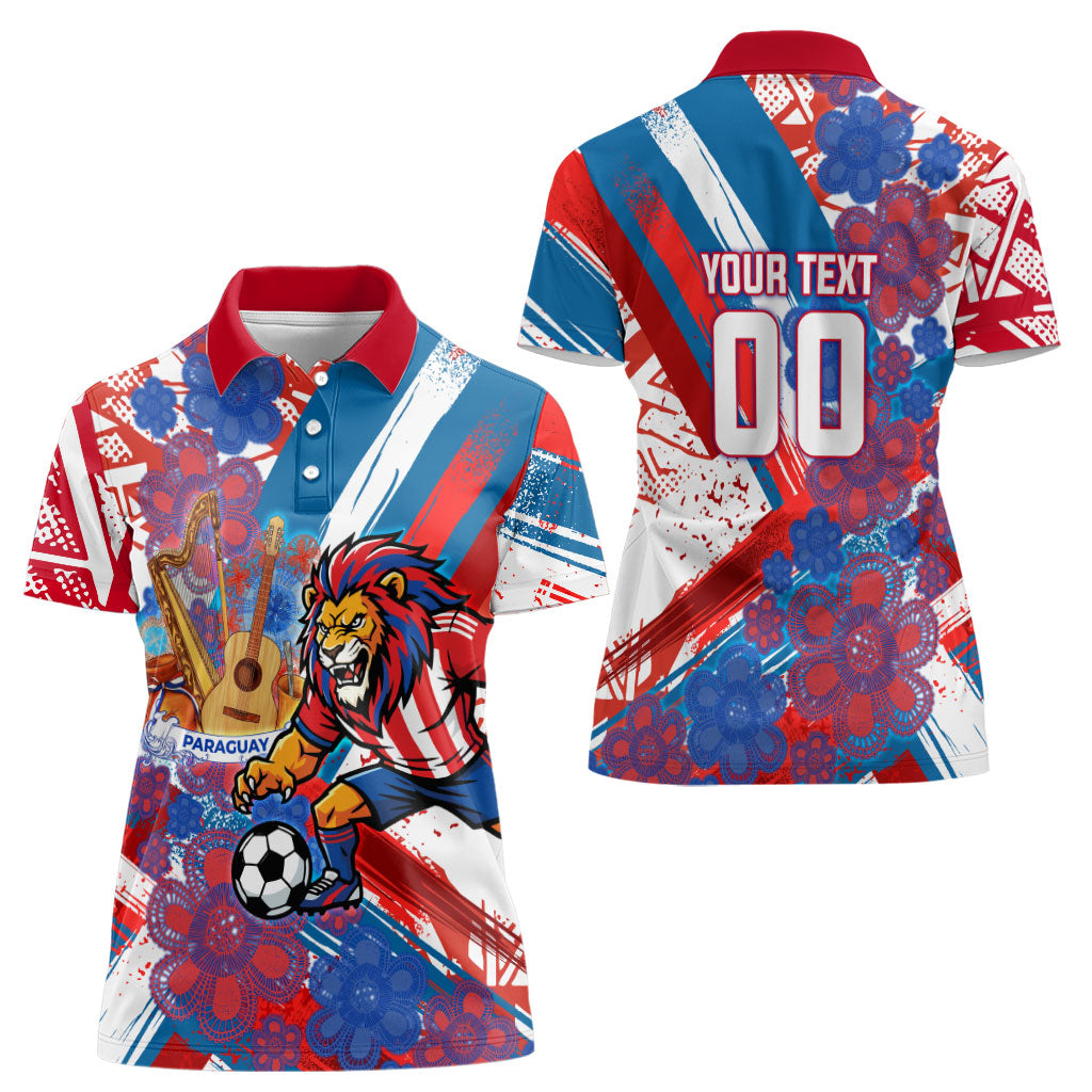 Personalized Paraguay Soccer Women Polo Shirt Lion Football Mascot - Guarani Folk Art - Traditional Harp And Guitar