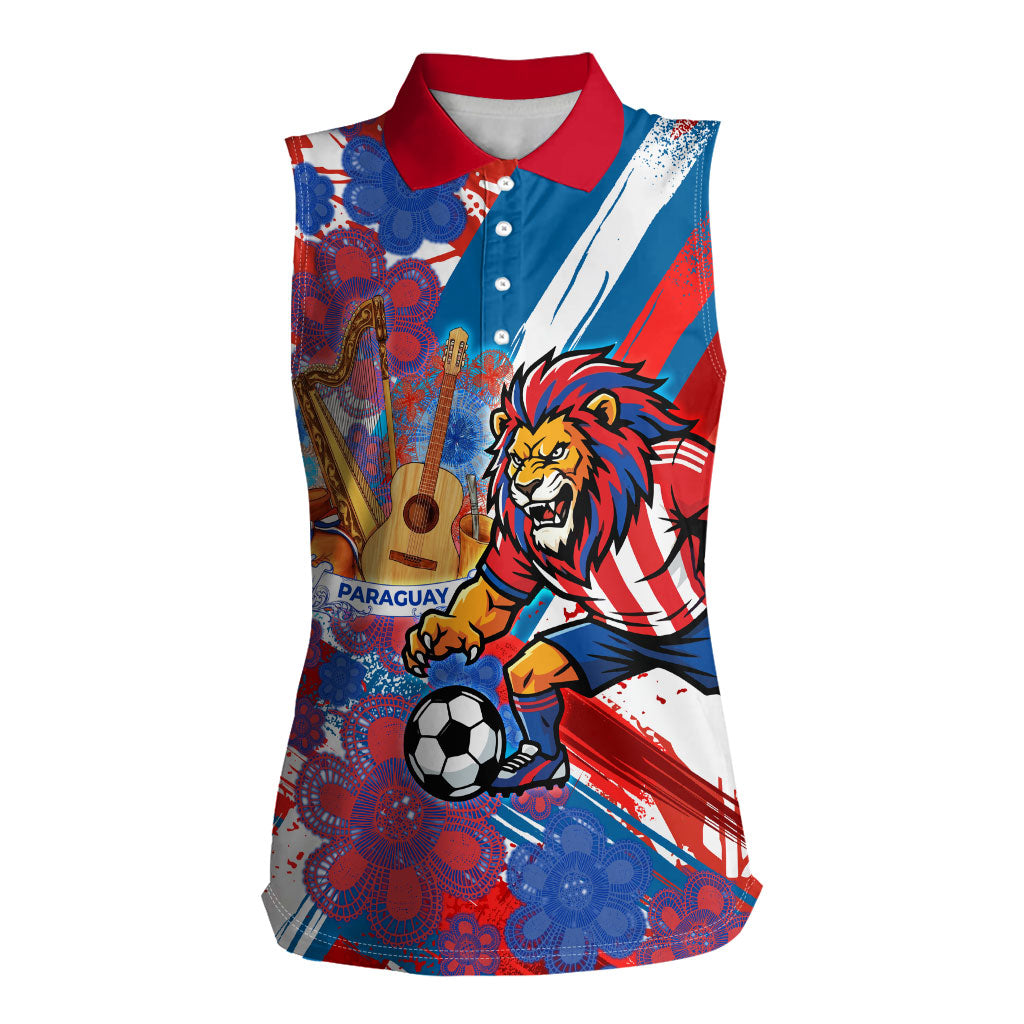 Personalized Paraguay Soccer Women Sleeveless Polo Shirt Lion Football Mascot - Guarani Folk Art - Traditional Harp And Guitar