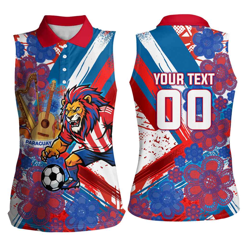 Personalized Paraguay Soccer Women Sleeveless Polo Shirt Lion Football Mascot - Guarani Folk Art - Traditional Harp And Guitar