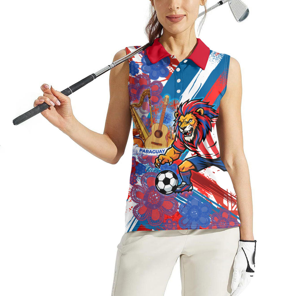 Personalized Paraguay Soccer Women Sleeveless Polo Shirt Lion Football Mascot - Guarani Folk Art - Traditional Harp And Guitar