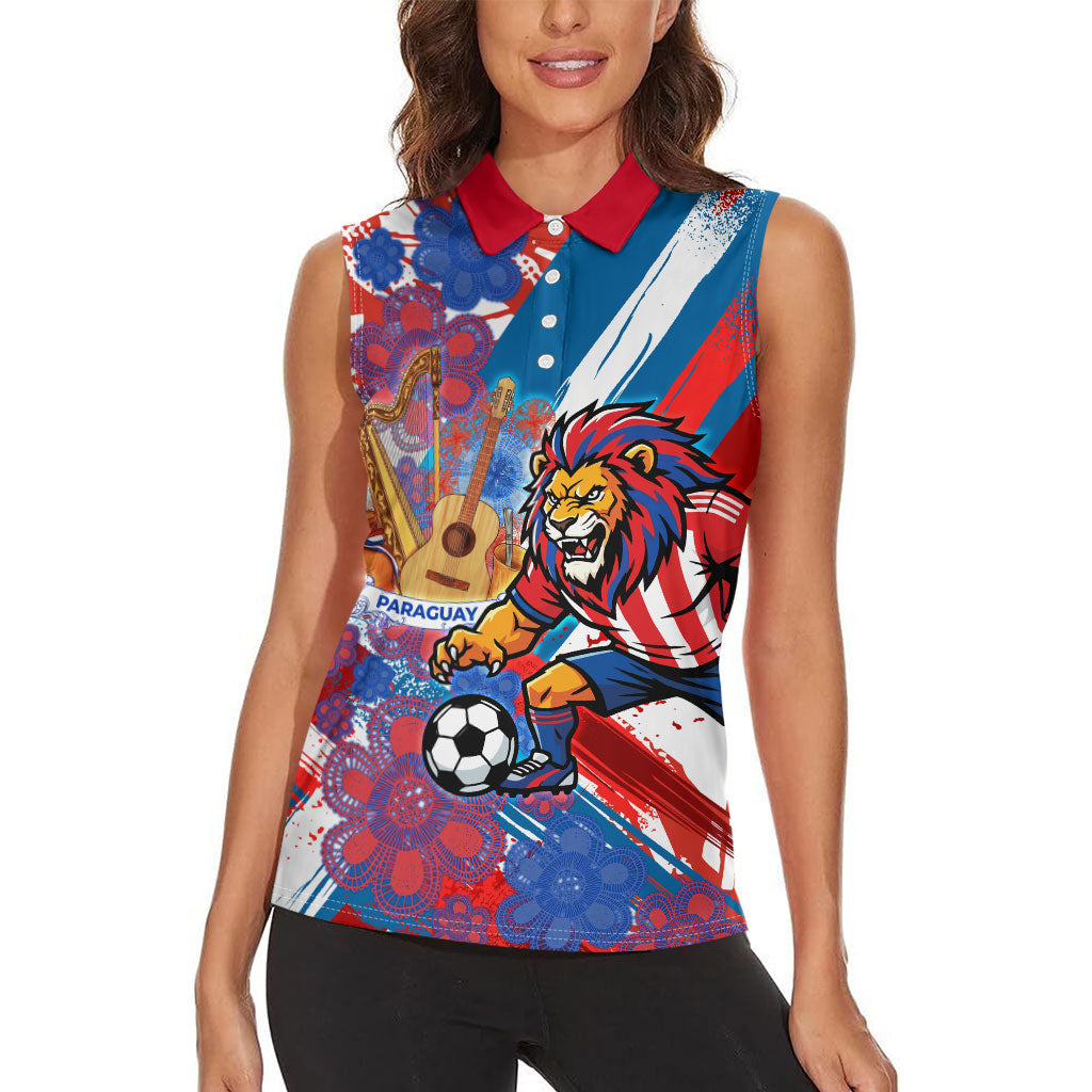 Personalized Paraguay Soccer Women Sleeveless Polo Shirt Lion Football Mascot - Guarani Folk Art - Traditional Harp And Guitar