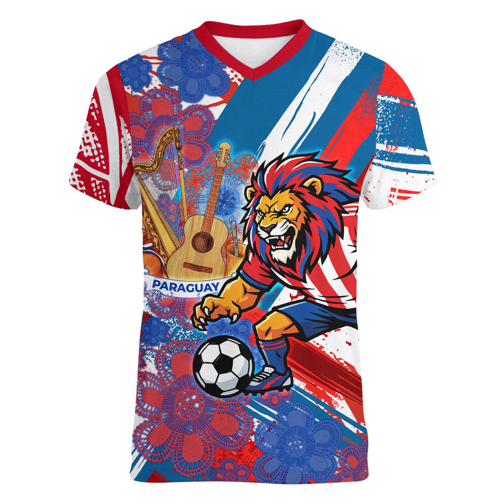 Personalized Paraguay Soccer Women V-Neck T-Shirt Lion Football Mascot - Guarani Folk Art - Traditional Harp And Guitar
