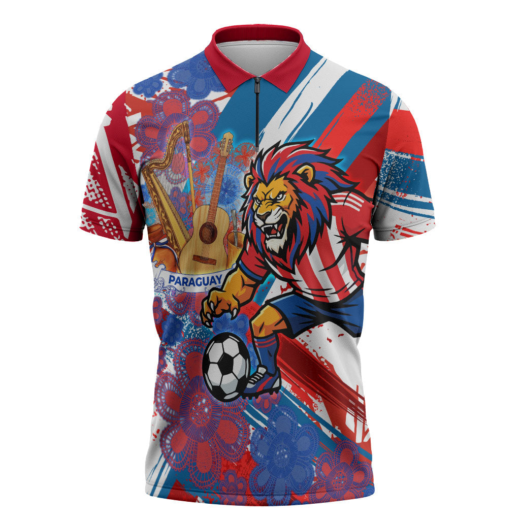 Personalized Paraguay Soccer Zipper Polo Shirt Lion Football Mascot - Guarani Folk Art - Traditional Harp And Guitar