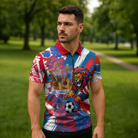 Personalized Paraguay Soccer Zipper Polo Shirt Lion Football Mascot - Guarani Folk Art - Traditional Harp And Guitar