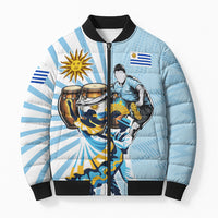 Personalized Uruguay Soccer Bomber Puffer Jacket Cultural Dance Drums Sun Emblem Dynamic Flag