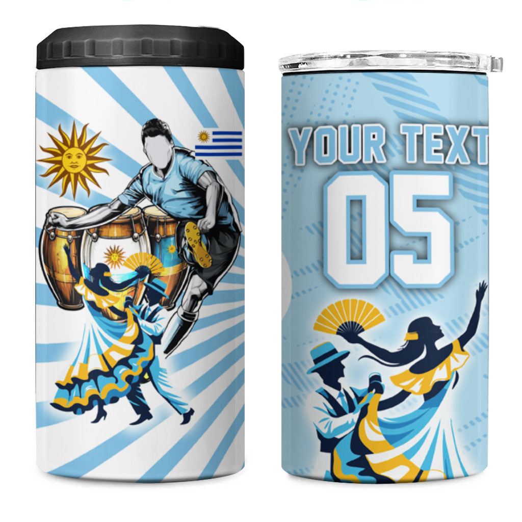 Personalized Uruguay Soccer 4 in 1 Can Cooler Tumbler Cultural Dance Drums Sun Emblem Dynamic Flag