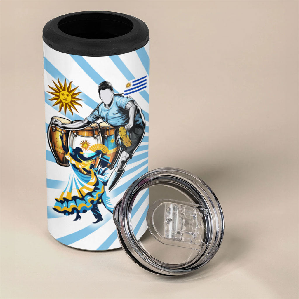 Personalized Uruguay Soccer 4 in 1 Can Cooler Tumbler Cultural Dance Drums Sun Emblem Dynamic Flag