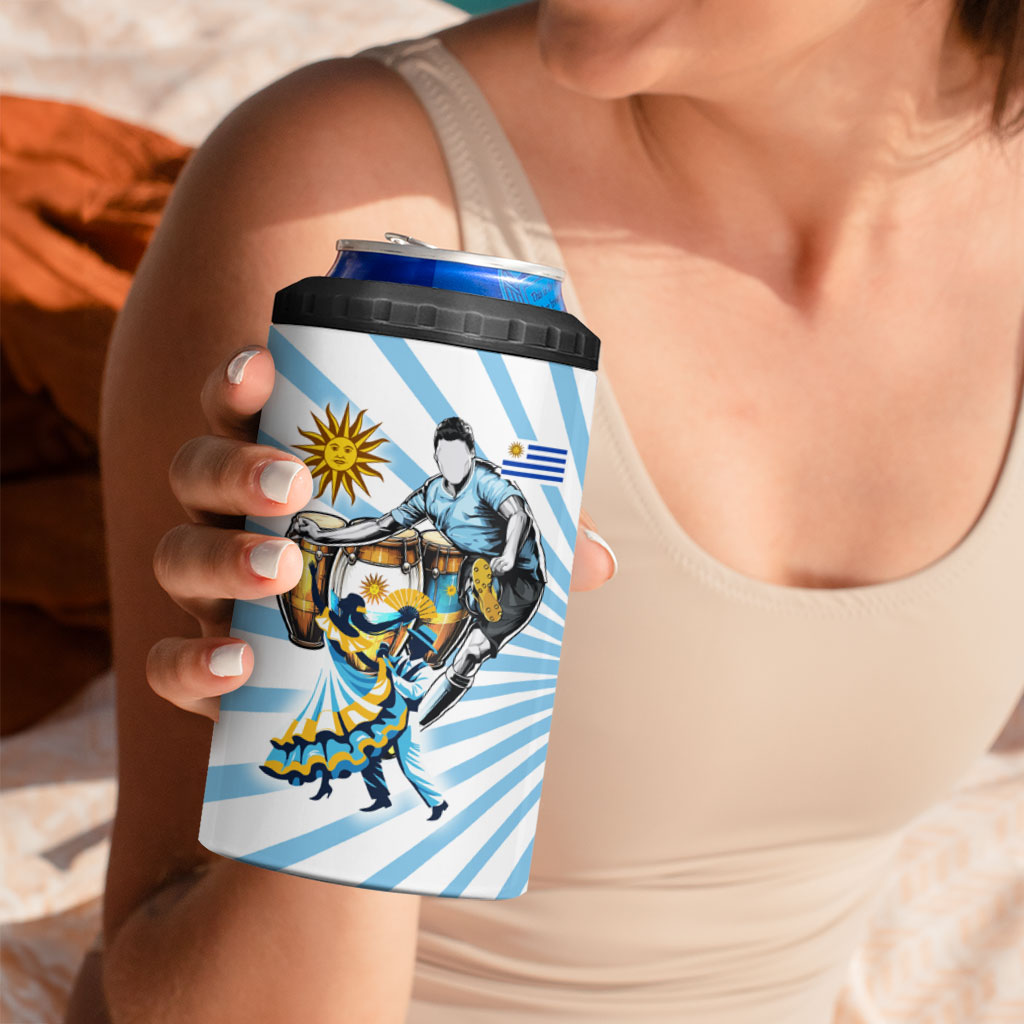 Personalized Uruguay Soccer 4 in 1 Can Cooler Tumbler Cultural Dance Drums Sun Emblem Dynamic Flag