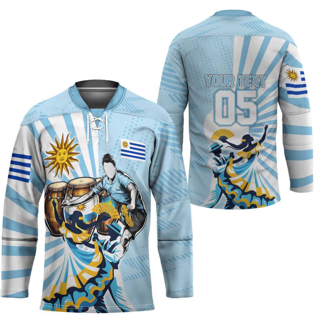 Personalized Uruguay Soccer Hockey Jersey Cultural Dance Drums Sun Emblem Dynamic Flag