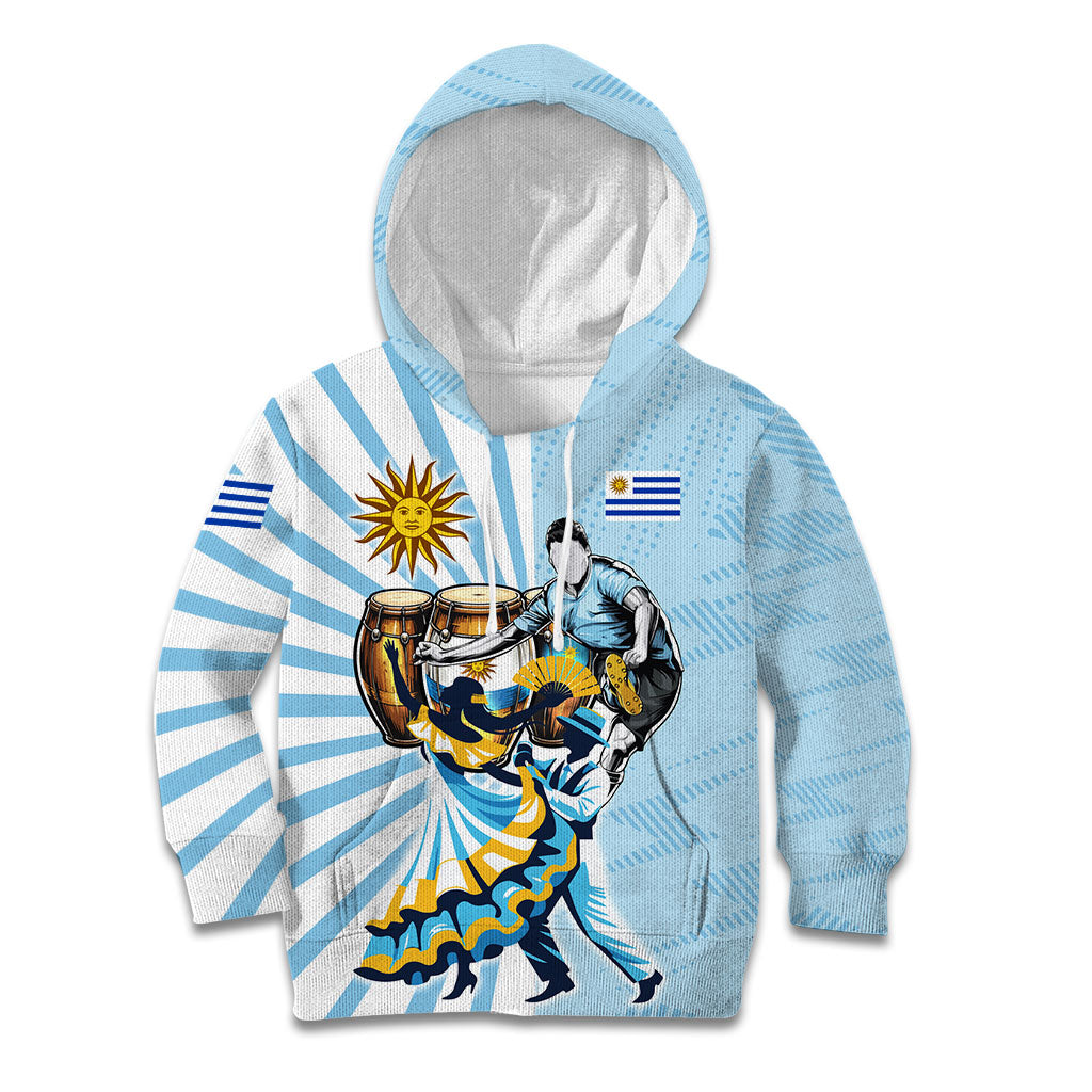 Personalized Uruguay Soccer Kid Hoodie Cultural Dance Drums Sun Emblem Dynamic Flag