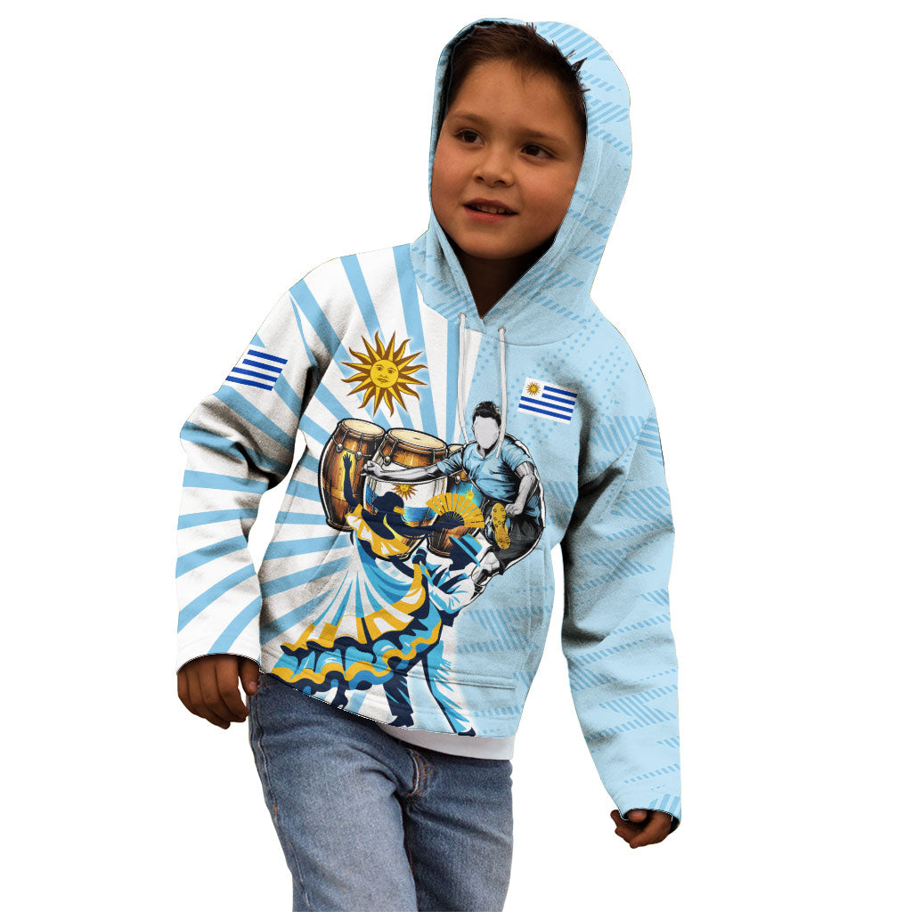 Personalized Uruguay Soccer Kid Hoodie Cultural Dance Drums Sun Emblem Dynamic Flag