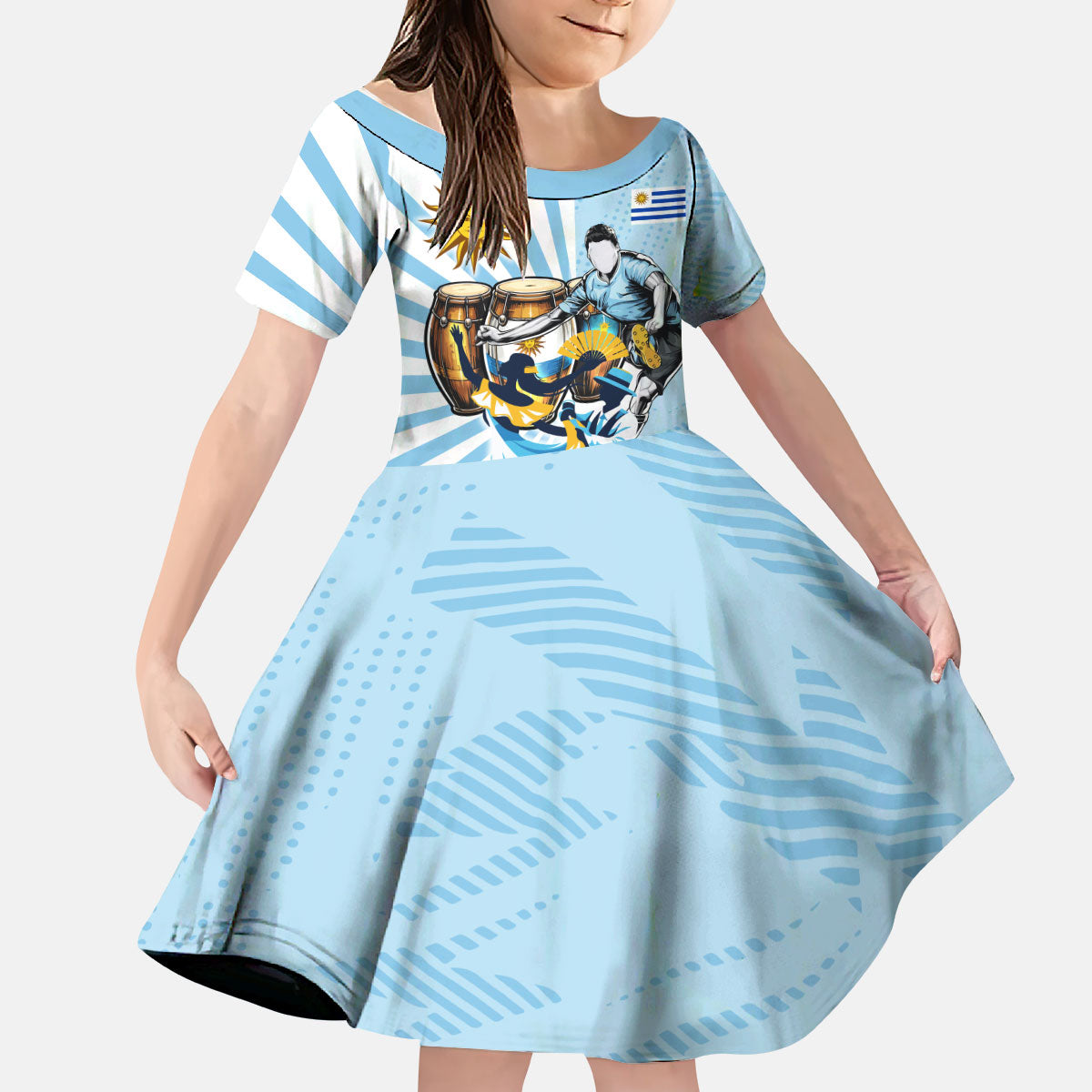Personalized Uruguay Soccer Kid Short Sleeve Dress Cultural Dance Drums Sun Emblem Dynamic Flag