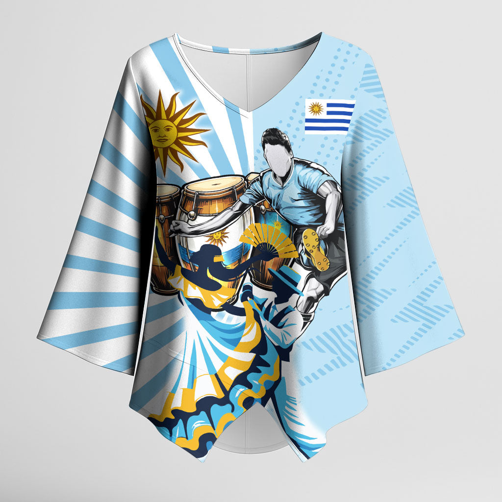 Personalized Uruguay Soccer Kimono Sleeve Blouse Cultural Dance Drums Sun Emblem Dynamic Flag
