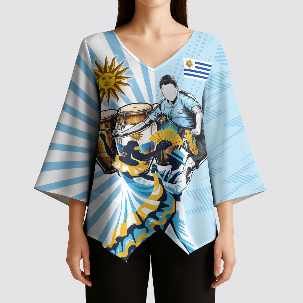 Personalized Uruguay Soccer Kimono Sleeve Blouse Cultural Dance Drums Sun Emblem Dynamic Flag