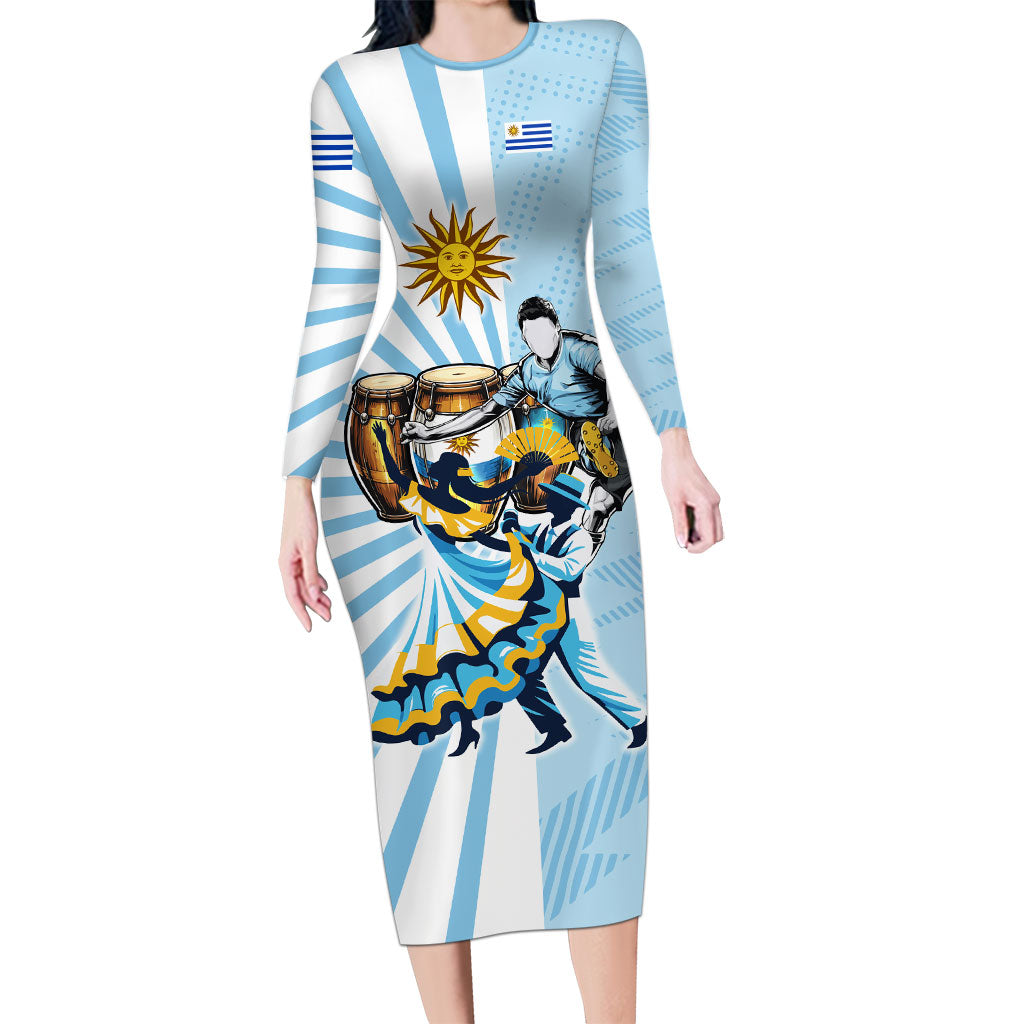 Personalized Uruguay Soccer Long Sleeve Bodycon Dress Cultural Dance Drums Sun Emblem Dynamic Flag