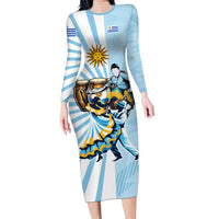 Personalized Uruguay Soccer Long Sleeve Bodycon Dress Cultural Dance Drums Sun Emblem Dynamic Flag