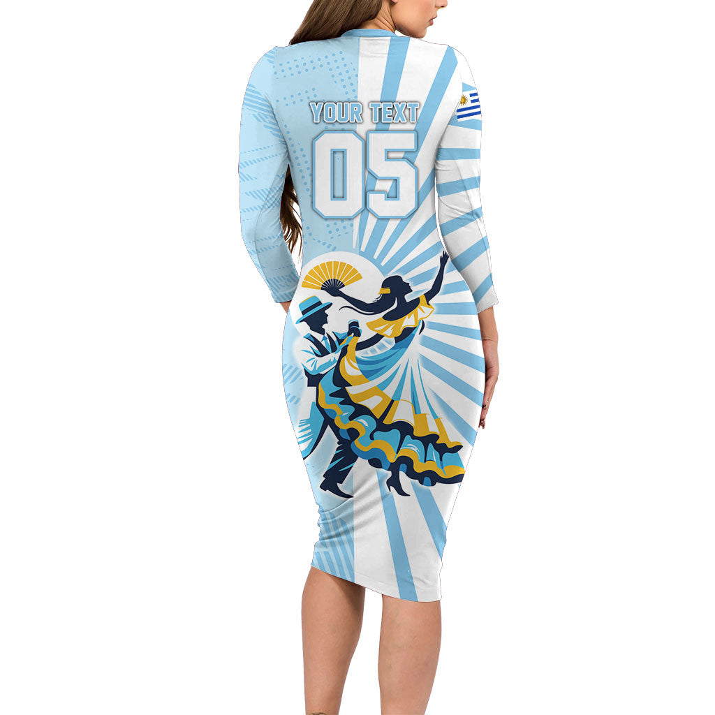 Personalized Uruguay Soccer Long Sleeve Bodycon Dress Cultural Dance Drums Sun Emblem Dynamic Flag