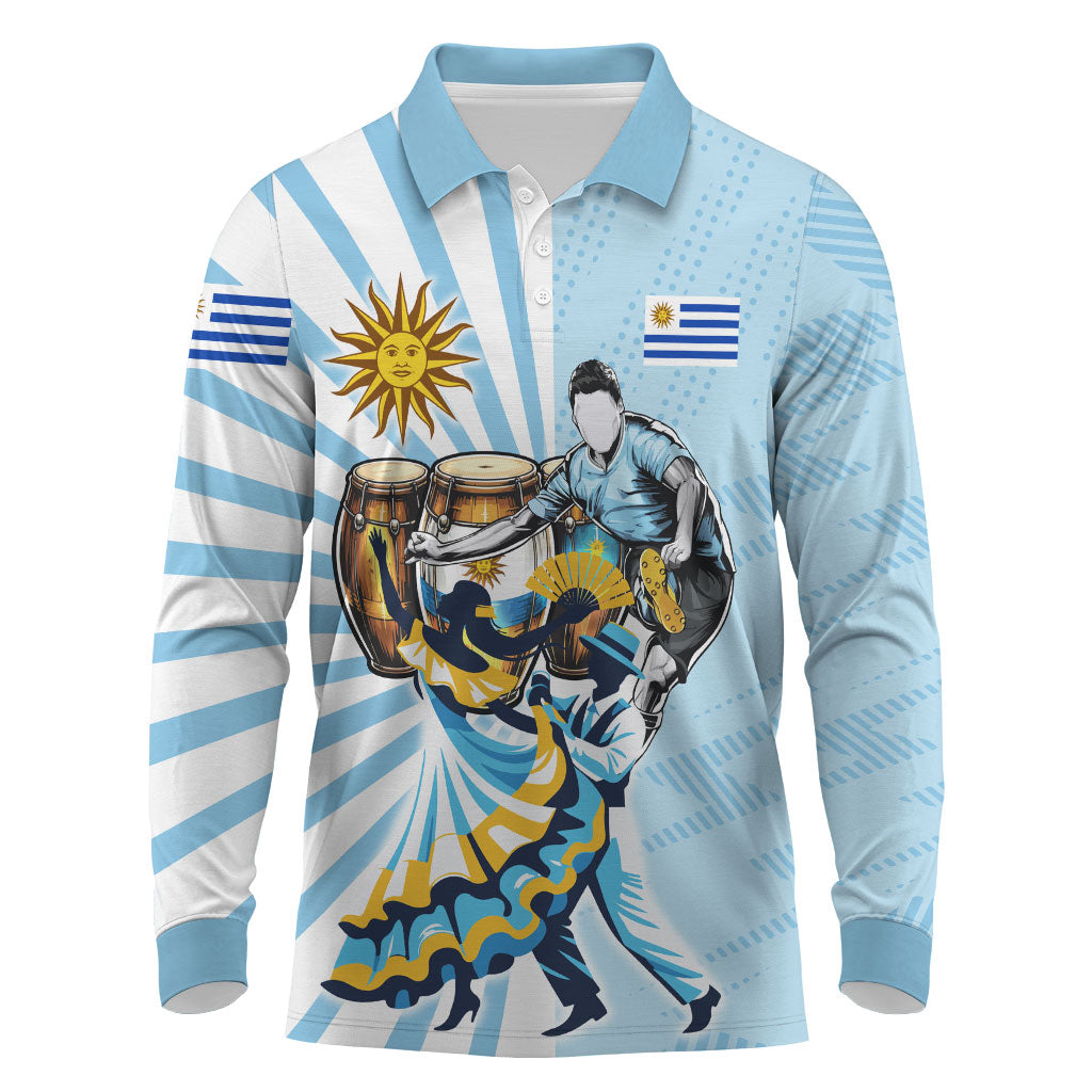 Personalized Uruguay Soccer Long Sleeve Polo Shirt Cultural Dance Drums Sun Emblem Dynamic Flag
