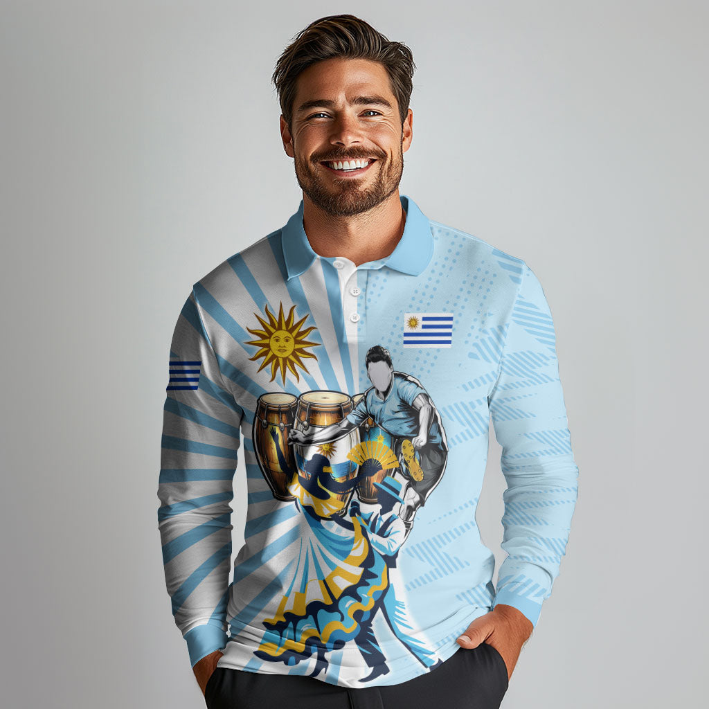 Personalized Uruguay Soccer Long Sleeve Polo Shirt Cultural Dance Drums Sun Emblem Dynamic Flag