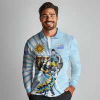 Personalized Uruguay Soccer Long Sleeve Polo Shirt Cultural Dance Drums Sun Emblem Dynamic Flag