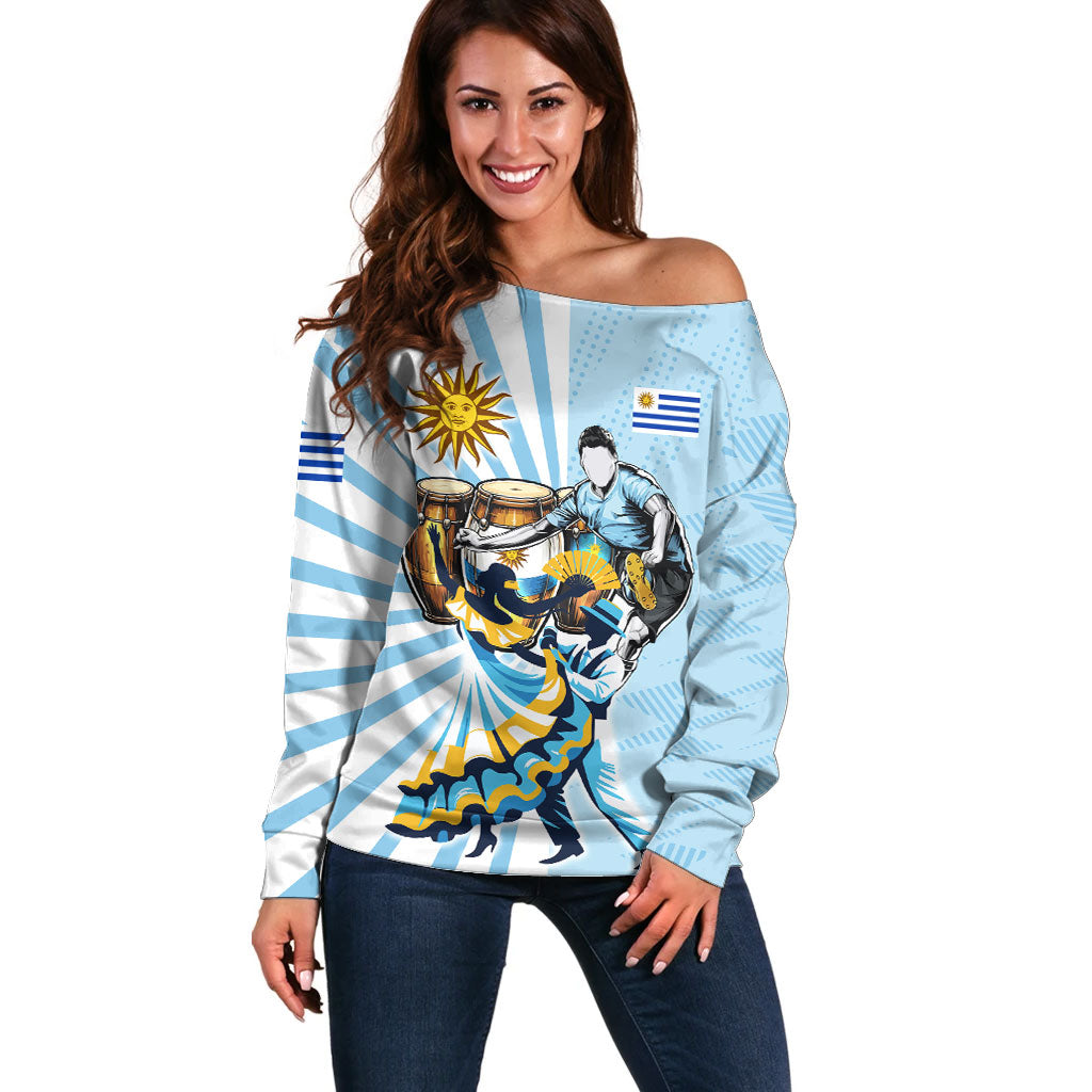 Personalized Uruguay Soccer Off Shoulder Sweater Cultural Dance Drums Sun Emblem Dynamic Flag