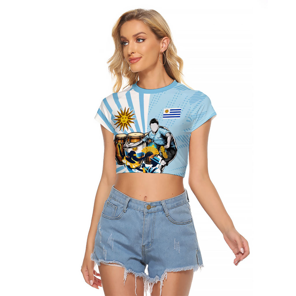 Personalized Uruguay Soccer Raglan Cropped T Shirt Cultural Dance Drums Sun Emblem Dynamic Flag