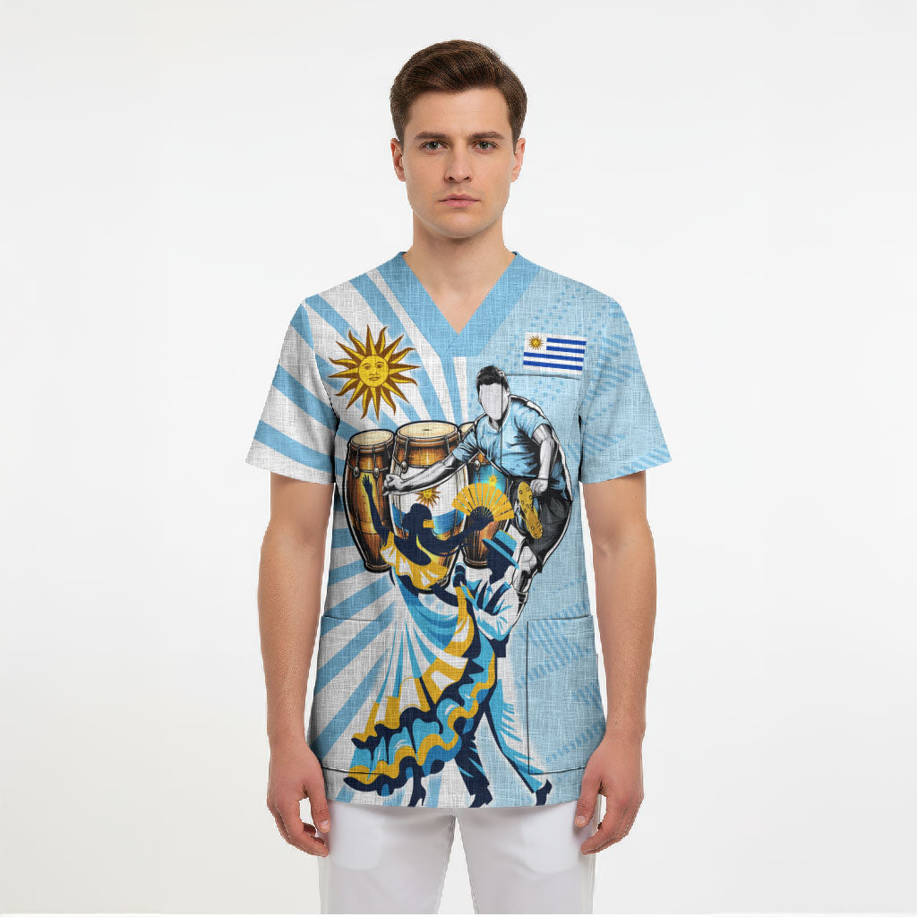 Personalized Uruguay Soccer Scrub Top Cultural Dance Drums Sun Emblem Dynamic Flag
