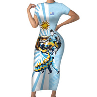 Personalized Uruguay Soccer Short Sleeve Bodycon Dress Cultural Dance Drums Sun Emblem Dynamic Flag
