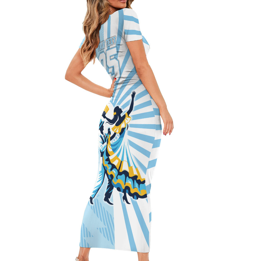 Personalized Uruguay Soccer Short Sleeve Bodycon Dress Cultural Dance Drums Sun Emblem Dynamic Flag