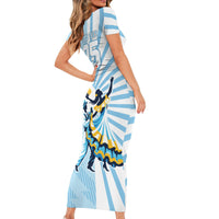 Personalized Uruguay Soccer Short Sleeve Bodycon Dress Cultural Dance Drums Sun Emblem Dynamic Flag