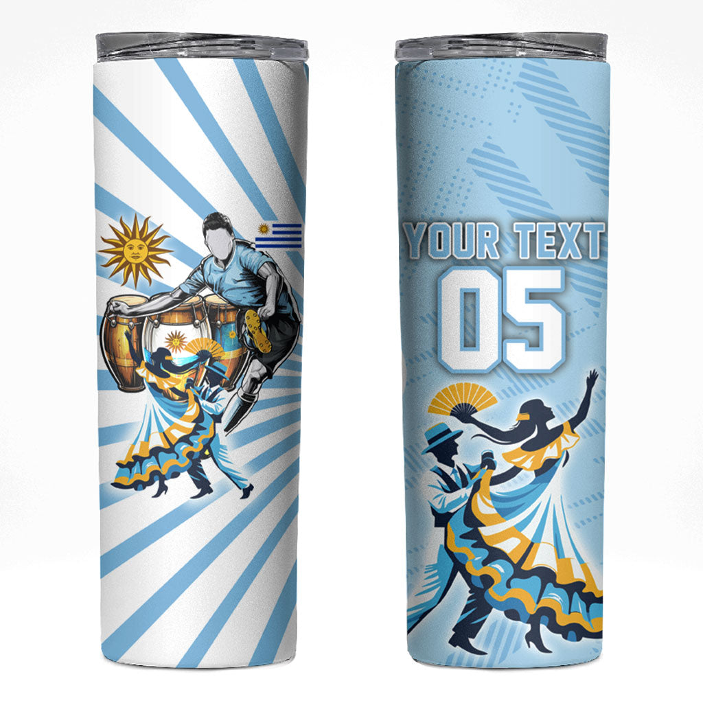 Personalized Uruguay Soccer Skinny Tumbler Cultural Dance Drums Sun Emblem Dynamic Flag