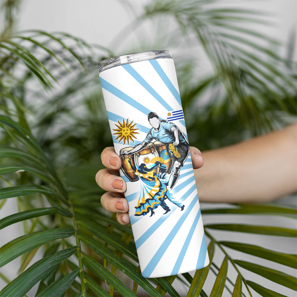 Personalized Uruguay Soccer Skinny Tumbler Cultural Dance Drums Sun Emblem Dynamic Flag