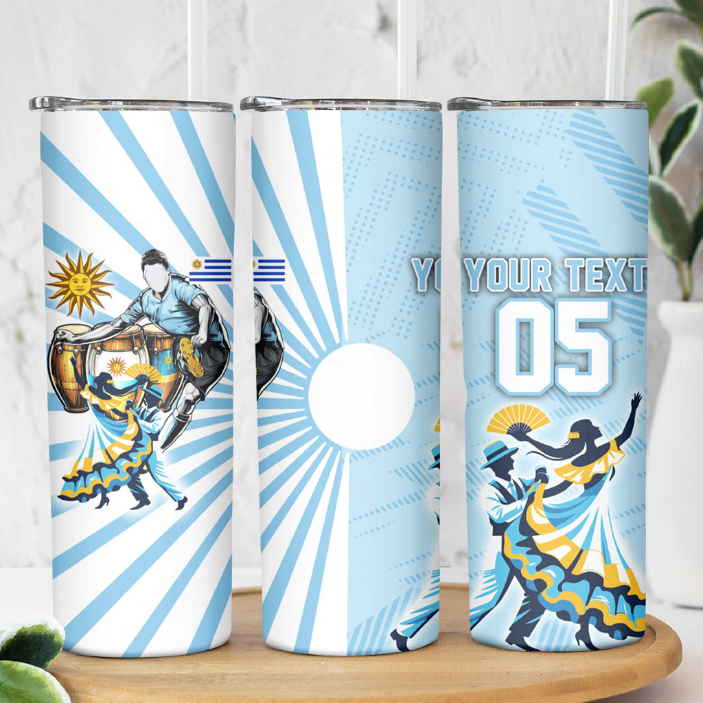 Personalized Uruguay Soccer Skinny Tumbler Cultural Dance Drums Sun Emblem Dynamic Flag