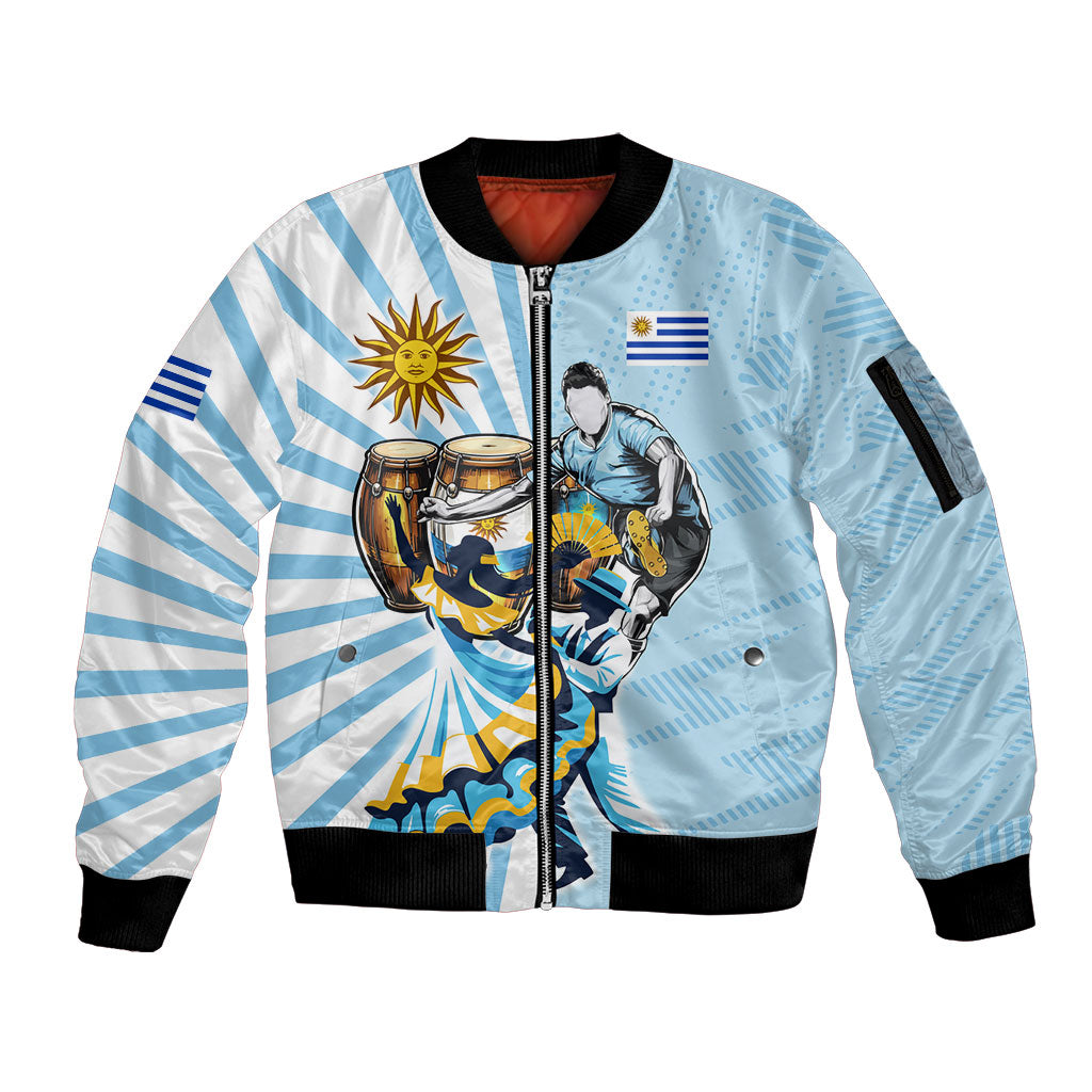 Personalized Uruguay Soccer Sleeve Zip Bomber Jacket Cultural Dance Drums Sun Emblem Dynamic Flag