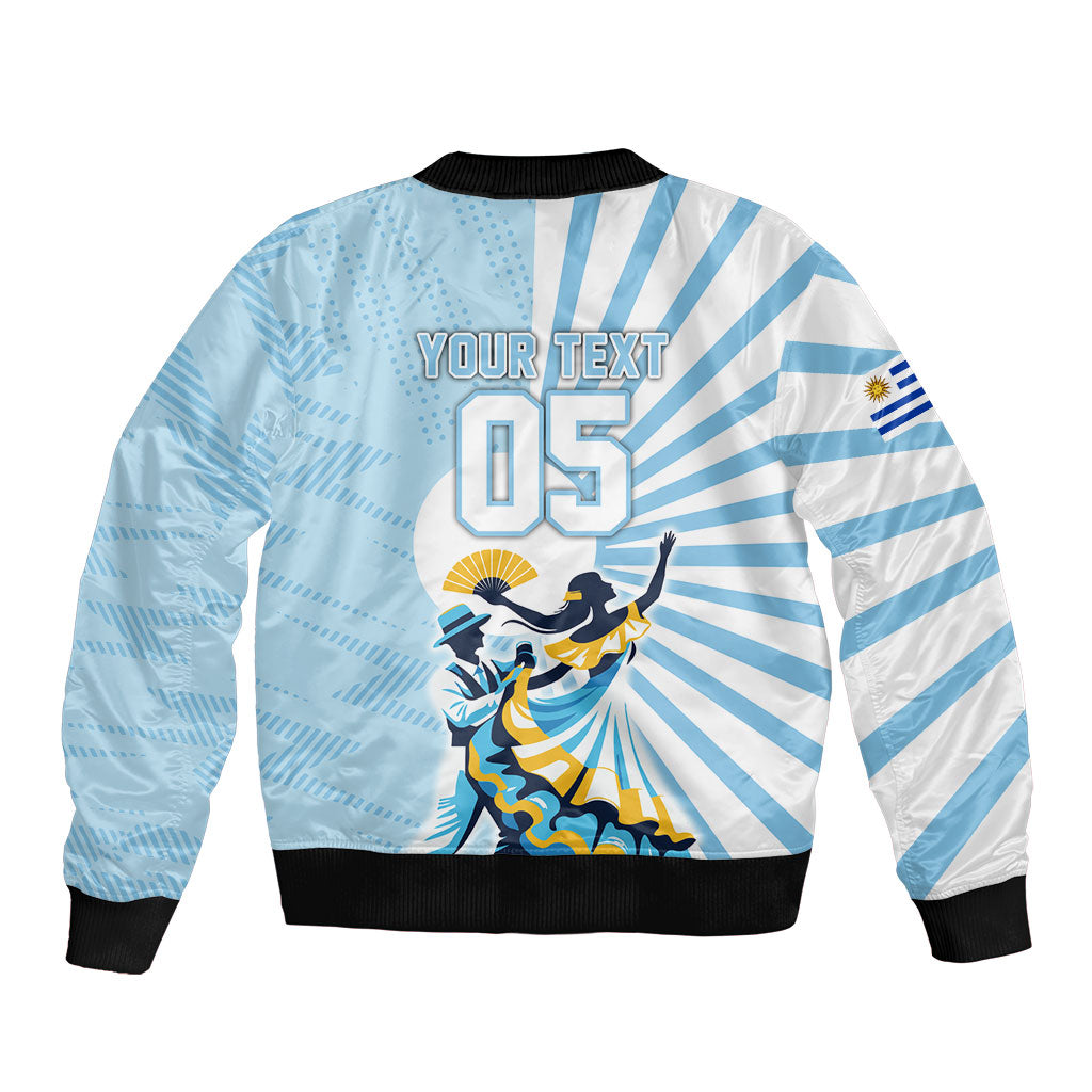 Personalized Uruguay Soccer Sleeve Zip Bomber Jacket Cultural Dance Drums Sun Emblem Dynamic Flag