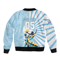 Personalized Uruguay Soccer Sleeve Zip Bomber Jacket Cultural Dance Drums Sun Emblem Dynamic Flag