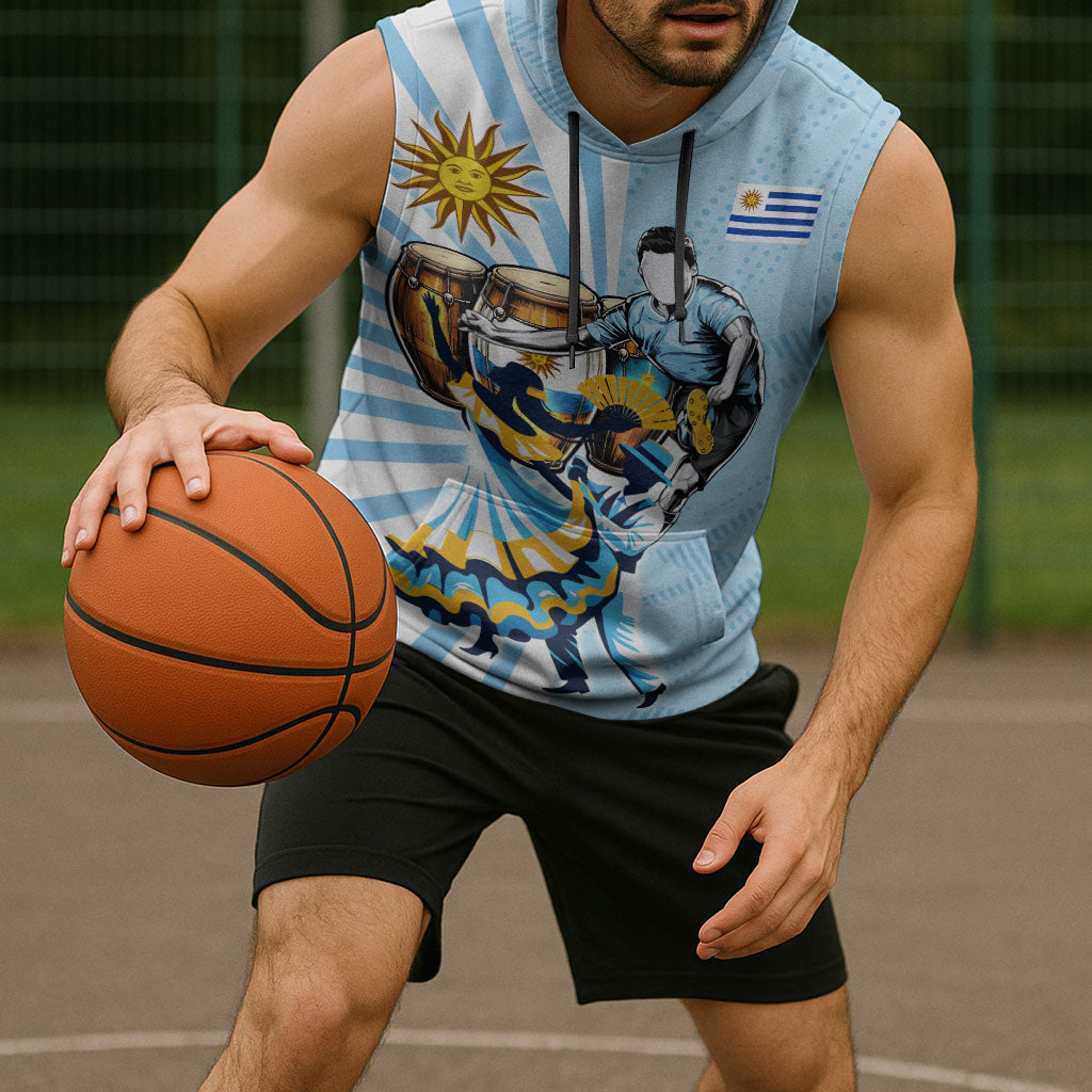 Personalized Uruguay Soccer Sleeveless Hoodie Cultural Dance Drums Sun Emblem Dynamic Flag