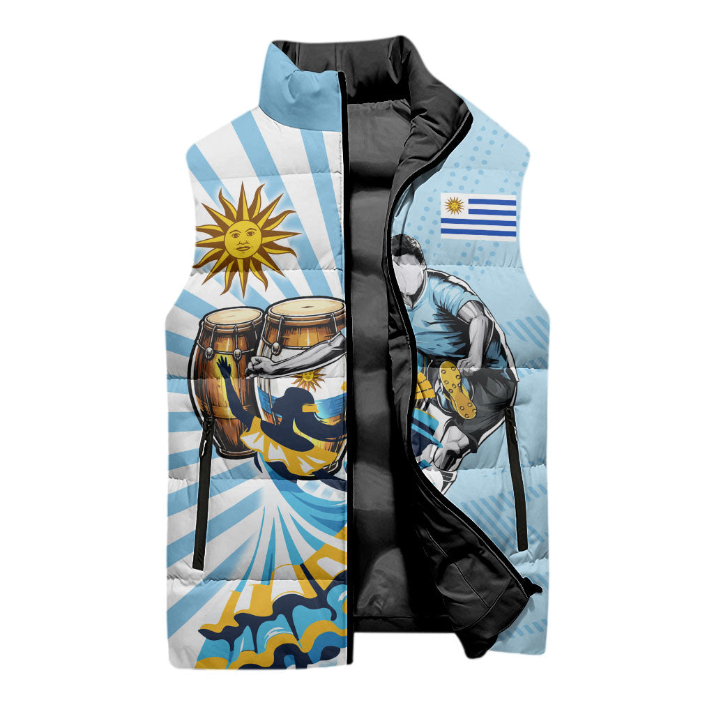 Personalized Uruguay Soccer Sleeveless Puffer Jacket Cultural Dance Drums Sun Emblem Dynamic Flag