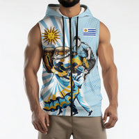 Personalized Uruguay Soccer Sleeveless Zip Hoodie Cultural Dance Drums Sun Emblem Dynamic Flag
