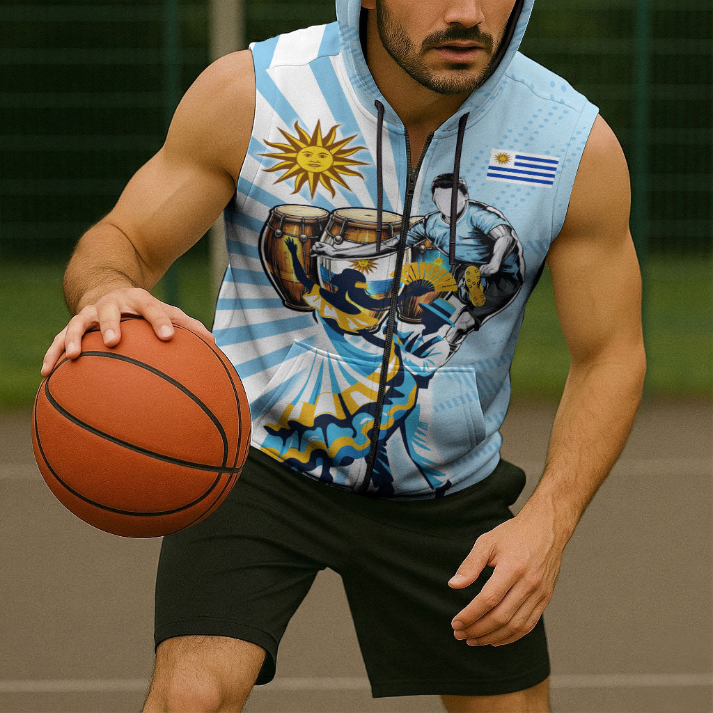 Personalized Uruguay Soccer Sleeveless Zip Hoodie Cultural Dance Drums Sun Emblem Dynamic Flag