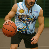 Personalized Uruguay Soccer Sleeveless Zip Hoodie Cultural Dance Drums Sun Emblem Dynamic Flag