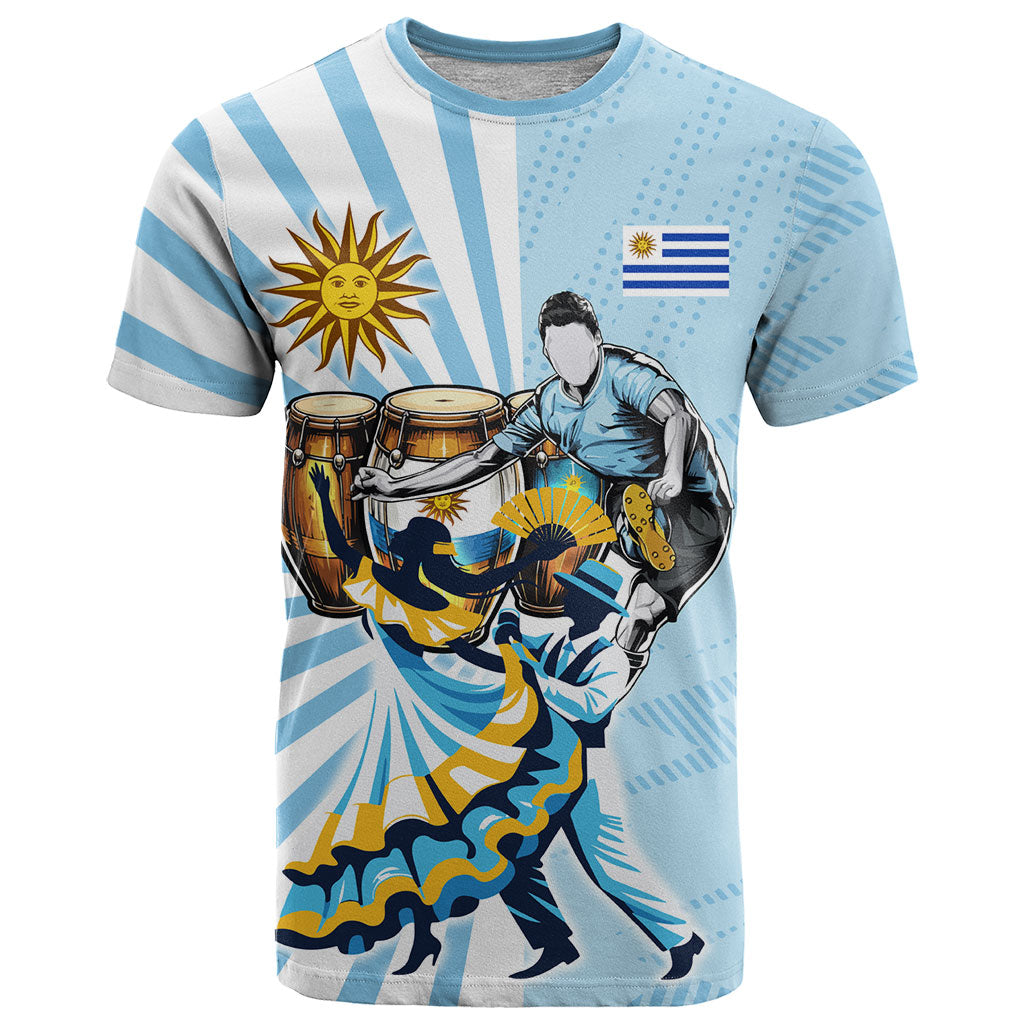 Personalized Uruguay Soccer T Shirt Cultural Dance Drums Sun Emblem Dynamic Flag