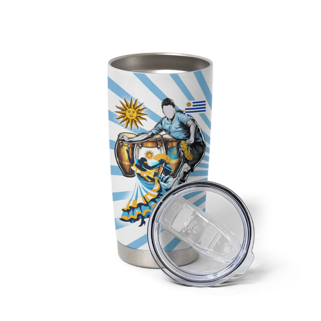 Personalized Uruguay Soccer Tumbler Cup Cultural Dance Drums Sun Emblem Dynamic Flag