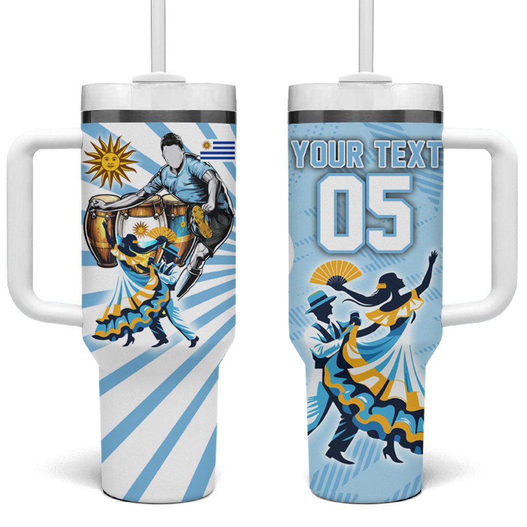 Personalized Uruguay Soccer Tumbler With Handle Cultural Dance Drums Sun Emblem Dynamic Flag