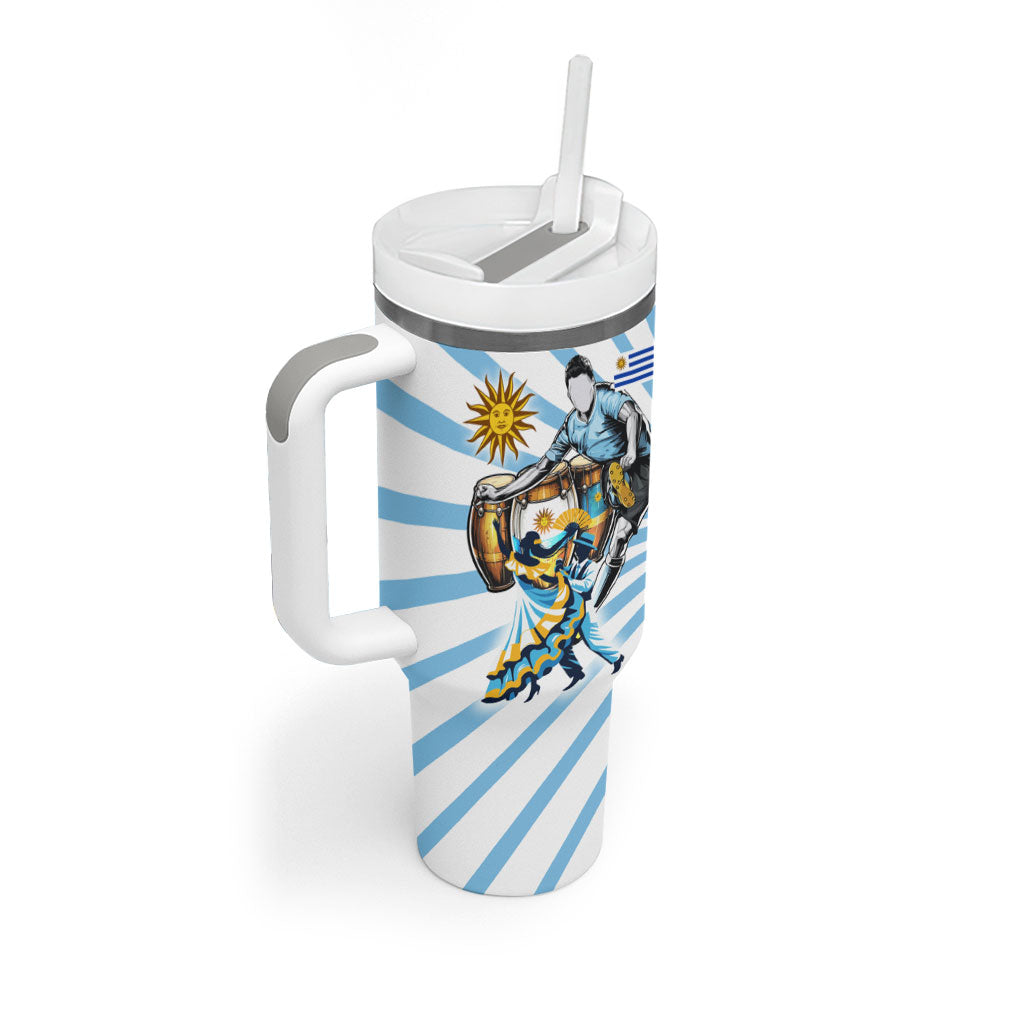 Personalized Uruguay Soccer Tumbler With Handle Cultural Dance Drums Sun Emblem Dynamic Flag