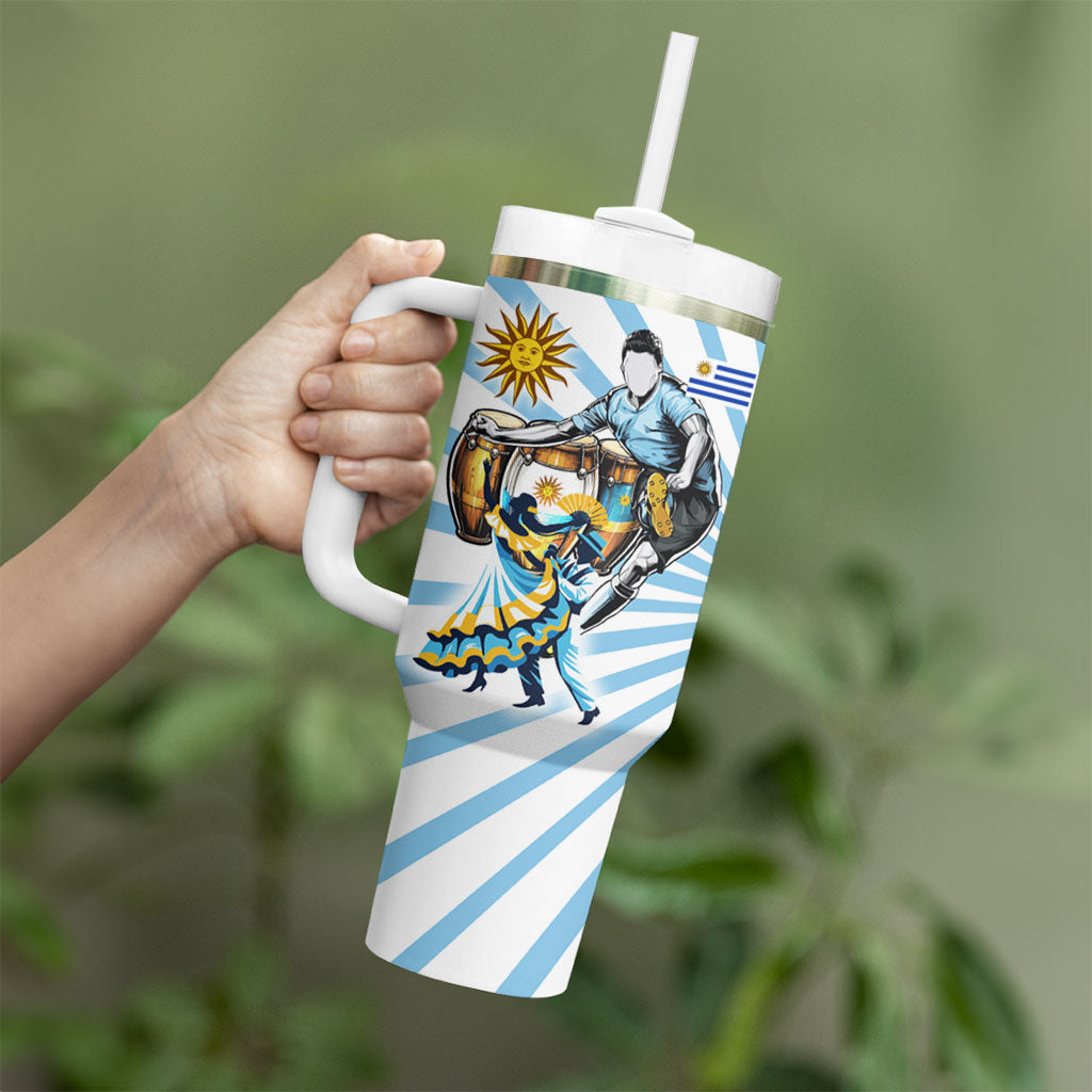 Personalized Uruguay Soccer Tumbler With Handle Cultural Dance Drums Sun Emblem Dynamic Flag