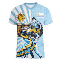 Personalized Uruguay Soccer Women V-Neck T-Shirt Cultural Dance Drums Sun Emblem Dynamic Flag