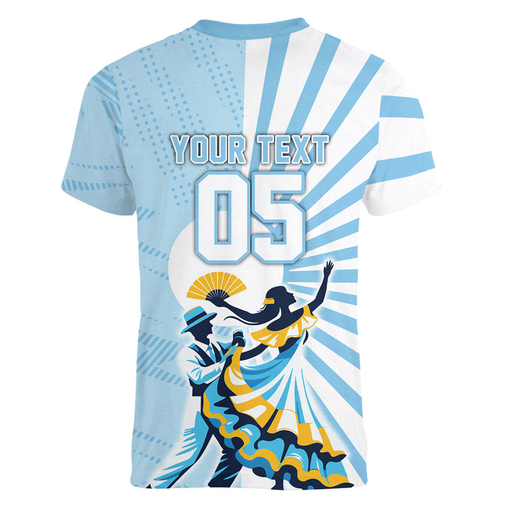 Personalized Uruguay Soccer Women V-Neck T-Shirt Cultural Dance Drums Sun Emblem Dynamic Flag
